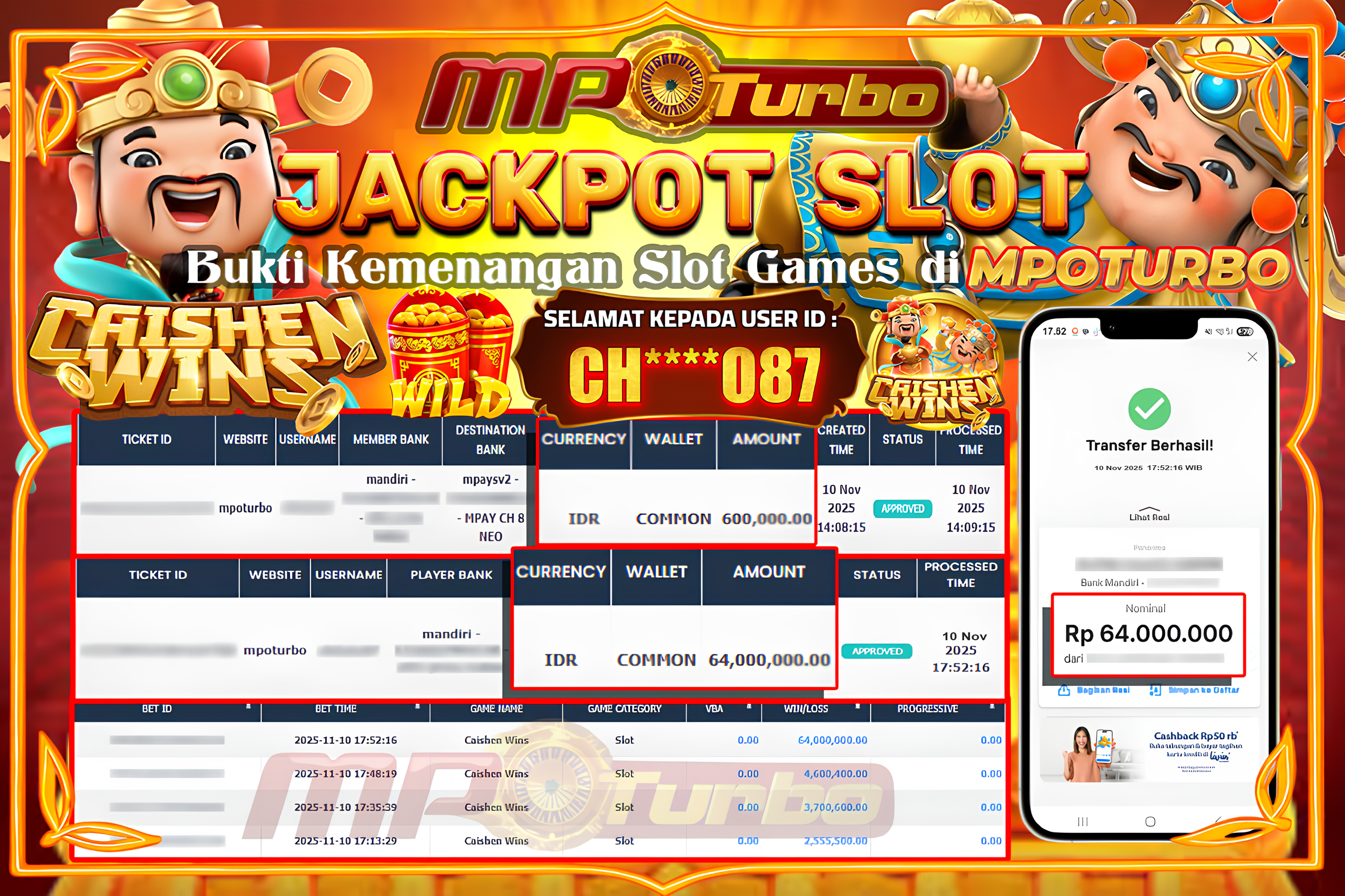 MPOTURBO JACKPOT CHAISEN WINS - PG SOFT Rp 64,000,000.00,- LUNAS